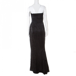 John Galliano Black Floral Lace Draped Bodice Strapless Evening Gown M