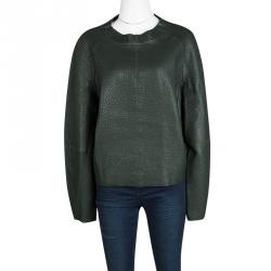 Pre Owned Joseph Forest Green Lambskin Bubble Leather Cropped Pullover M