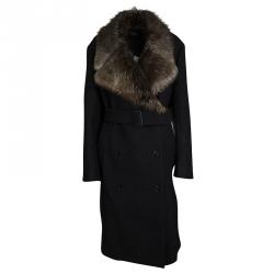 Joseph Black Wool Contrast Fur Collar Drap De Laine Belted Overcoat L
