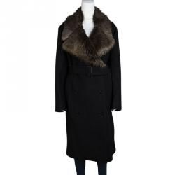 Joseph Black Wool Contrast Fur Collar Drap De Laine Belted Overcoat L