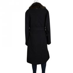 Joseph Black Wool Contrast Fur Collar Drap De Laine Belted Overcoat L