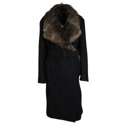 Joseph Black Wool Contrast Fur Collar Drap De Laine Belted Overcoat L