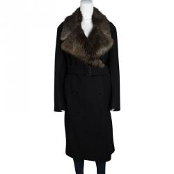 Joseph Black Wool Contrast Fur Collar Drap De Laine Belted Overcoat L