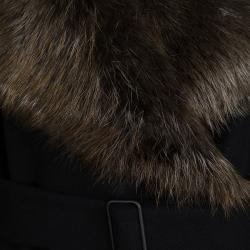 Joseph Black Wool Contrast Fur Collar Drap De Laine Belted Overcoat L