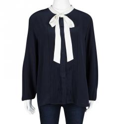 Pre Owned بلوزة جوزيف فيكتوريا حرير أزرق كحلي بربطة متباينة L