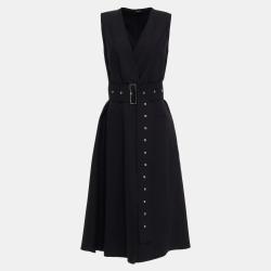 Black Virgin Wool Belted Midi Dress M (FR