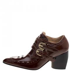 Joseph Brown Glossed Leather Eyelet Embellished Pointed Toe Ankle Boots Size 37