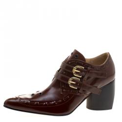 Joseph Brown Glossed Leather Eyelet Embellished Pointed Toe Ankle Boots Size 38.5