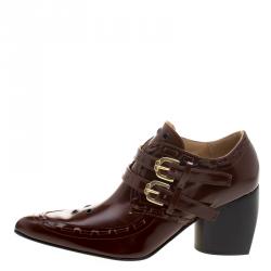 Joseph Brown Glossed Leather Eyelet Embellished Pointed Toe Ankle Boots Size 38.5