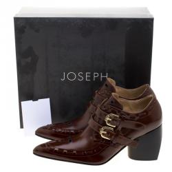 Joseph Brown Glossed Leather Eyelet Embellished Pointed Toe Ankle Boots Size 38.5