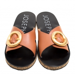 Joseph Brown Leather Buckle Detail Flat Slides Size 40