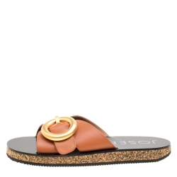 Joseph Brown Leather Buckle Detail Flat Slides Size 40