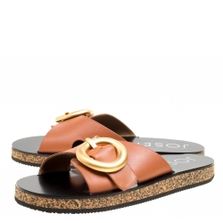 Joseph Brown Leather Buckle Detail Flat Slides Size 40