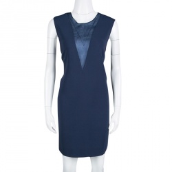 Pre Owned فستان جوزيف فينلاند كريب أزرق كحلي بقصات أورغانزا بلا أكمام M