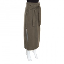 Joseph Khaki Green Cashmere Knot Front Midi Skirt XL