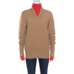 Jospeh Camel Brown and Red Faux Layered V+High Neck Wool Blend Sweater M