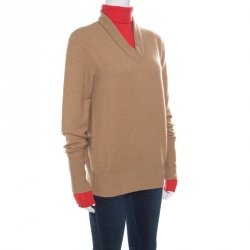 Jospeh Camel Brown and Red Faux Layered V+High Neck Wool Blend Sweater M