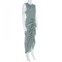 Pre Owned Joseph Green & White Gingham Ruched Detail Asymmetric Dress M