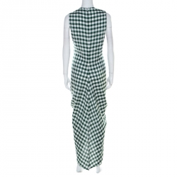 Pre Owned Joseph Green & White Gingham Ruched Detail Asymmetric Dress M