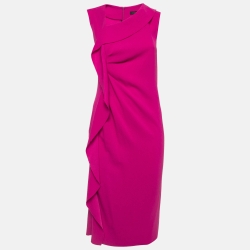 Pink Raw Edge Stretch Crepe Ruffled Detail Midi Dress