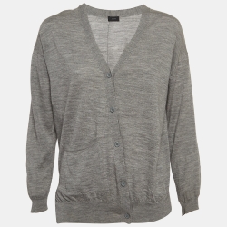 Grey Merinos Wool Rib Knit Asymmetric Cardigan