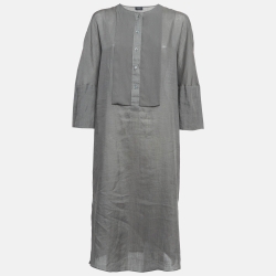 Grey Ramie Long Sleeve Buttoned Midi Dress