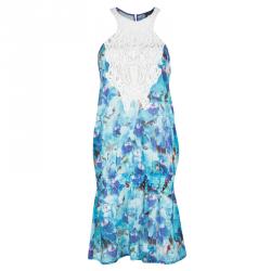 Pre Owned Just Cavalli Blue Eyelet Embroidered Lace Detail Sleeveless Drop Waist Dress M