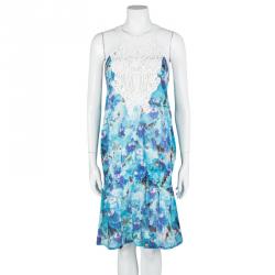 Pre Owned Just Cavalli Blue Eyelet Embroidered Lace Detail Sleeveless Drop Waist Dress M