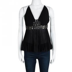 Pre Owned Just Cavalli Black Embellished Plisse Silk Sleeveless Top M
