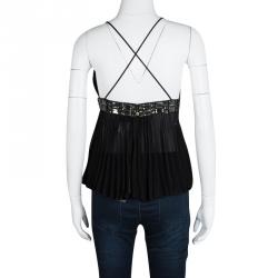 Pre Owned Just Cavalli Black Embellished Plisse Silk Sleeveless Top M
