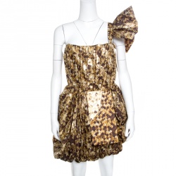 Pre Owned Just Cavalli Brown Foil Printed Draped One Shoulder Bubble Mini Dress M