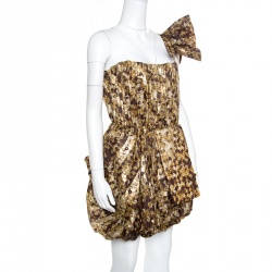 Pre Owned Just Cavalli Brown Foil Printed Draped One Shoulder Bubble Mini Dress M