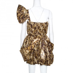 Pre Owned Just Cavalli Brown Foil Printed Draped One Shoulder Bubble Mini Dress M