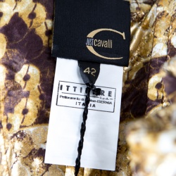 Pre Owned Just Cavalli Brown Foil Printed Draped One Shoulder Bubble Mini Dress M