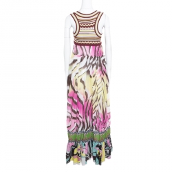 Pre Owned Just Cavalli Multicolor Printed Cotton Knit Bodice Detail Sleeveless Maxi Dress L