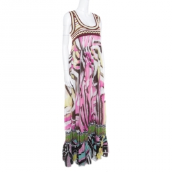 Pre Owned Just Cavalli Multicolor Printed Cotton Knit Bodice Detail Sleeveless Maxi Dress L