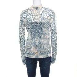 Pre Owned Just Cavalli Cream and Teal Printed Nylon Mesh Long Sleeve Sheer Top L
