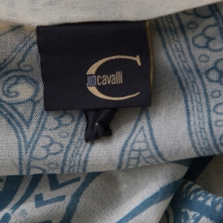 Pre Owned Just Cavalli Cream and Teal Printed Nylon Mesh Long Sleeve Sheer Top L