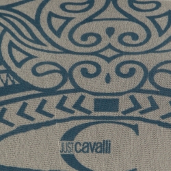 Pre Owned Just Cavalli Cream and Teal Printed Nylon Mesh Long Sleeve Sheer Top L