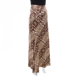 Pre Owned Just Cavalli Brown Snake Print Silk Satin Flared Maxi Skirt M 