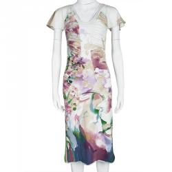 Pre Owned فستان جست كافالي ألوان مائية موردة مطبوعة بكشكشة مزينة رقبة حرف V مقاس M