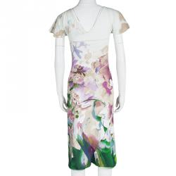 Pre Owned فستان جست كافالي ألوان مائية موردة مطبوعة بكشكشة مزينة رقبة حرف V مقاس M