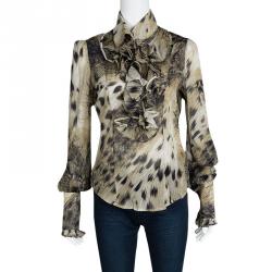 Pre Owned Just Cavalli Animal Printed Ruffle Detail Long Sleeve Blouse M