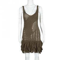 Pre Owned Just Cavalli Brown Crochet Ruffle Bottom Sleeveless Dress S