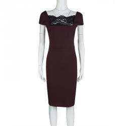 Pre Owned Just Cavalli Burgundy Contrast Lace Neck Trim Detail Cap Sleeve Dress M