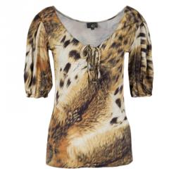 Pre Owned Just Cavalli Animal Print Tie Detail Gathered Sleeve Top S