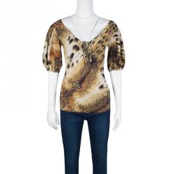 Pre Owned Just Cavalli Animal Print Tie Detail Gathered Sleeve Top S