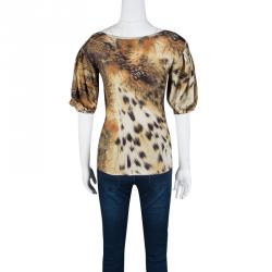 Pre Owned Just Cavalli Animal Print Tie Detail Gathered Sleeve Top S