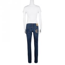 Pre Owned Just Cavalli Indigo Dark Wash Denim Embellished Pocket Detail Straight Fit Jeans M