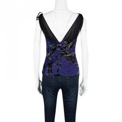 Pre Owned Just Cavalli Purple and Black Knit Ruched Sleeveless Crop Top S